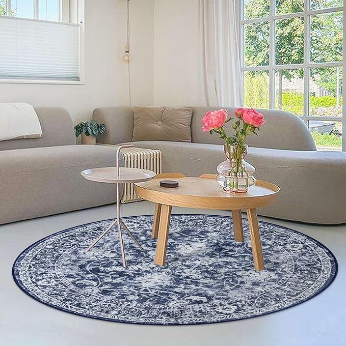 KILOCOCO Round Rug 3ft Vintage Floral Small Circle Rug Machine Washable Entryway Mat Non Slip Low-Pile Kitchen Rugs for Front Door Laundry Room Bathroom Moroccan Area Rugs, Blue