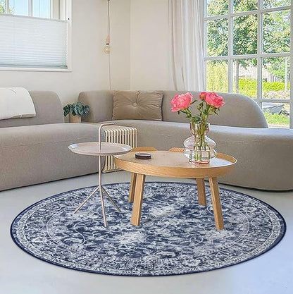 KILOCOCO Round Rug 3ft Vintage Floral Small Circle Rug Machine Washable Entryway Mat Non Slip Low-Pile Kitchen Rugs for Front Door Laundry Room Bathroom Moroccan Area Rugs, Blue
