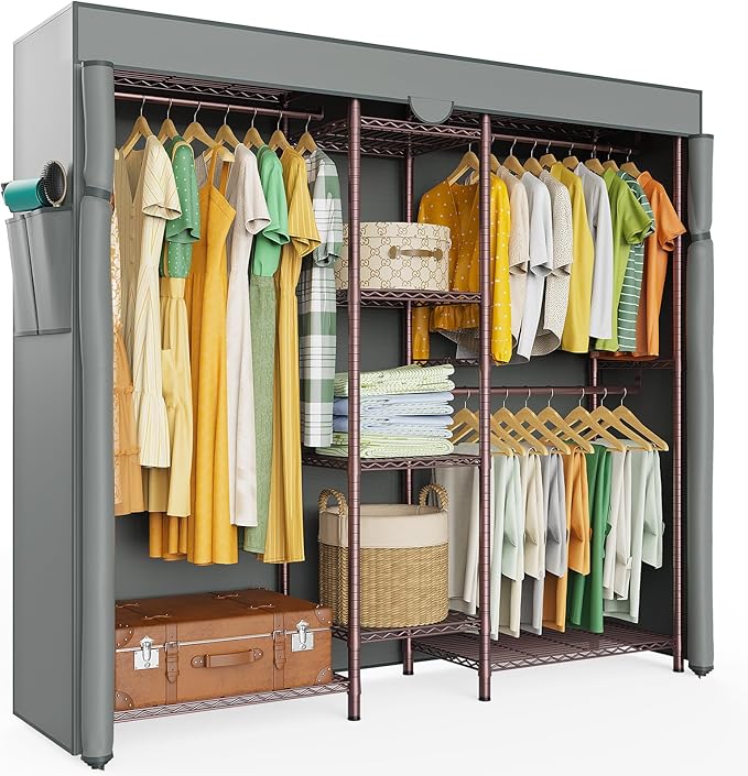 LEHOM G6C Heavy Duty Clothes Rack with Cover, Wire Garment Rack for Hanging Clothes, Compact Closet Storage Clothing Rack with Oxford Fabric Cover, Adjustable Hanging Clothes Racks for Bedroom