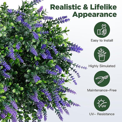 Artificial Lavender Boxwood Topiary Ball Trees Set of 2, UV Resistant Artificial Shrub Bushes with Ground Spike, Fake Evergreen Artificial Plant Bushes for Front Porch, Garden, Indoor, Outdoor