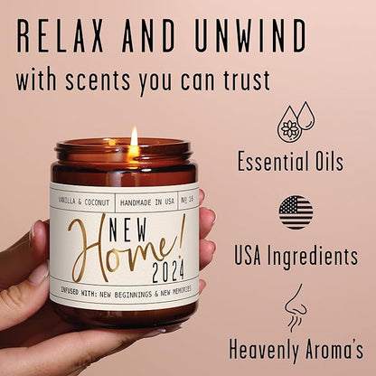 House Warming Gifts New Home, Housewarming Gifts New Home - 'New Home 2024' Soy Candle, w/Vanilla, Coconut & Vetiver I for New House, New Home Gifts I 9oz Jar, 50Hr Burn, Made in USA