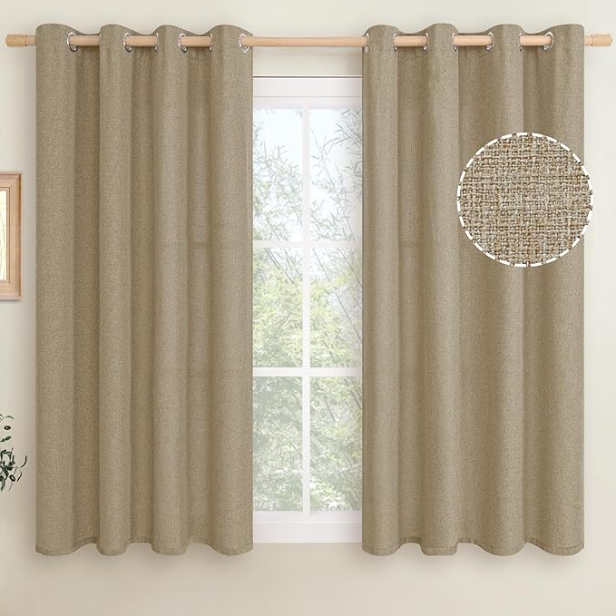 LAMIT Tan Brown Linen Curtains for Bedroom, 54 inches Grommet Thermal Insulated Thick Farmhouse Curtains Noise Reducing Window Treatment Burlap Drapes for Living Room, Set of 2 Panels, W52 x L54