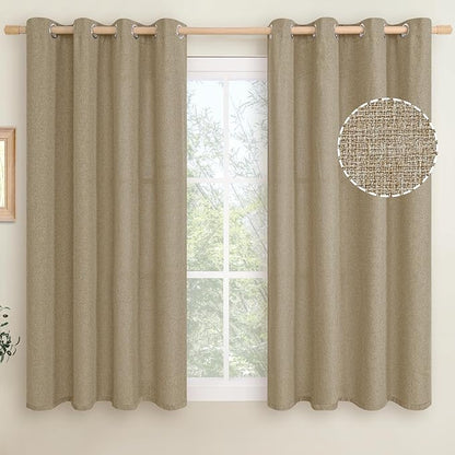 LAMIT Tan Brown Linen Curtains for Bedroom, 54 inches Grommet Thermal Insulated Thick Farmhouse Curtains Noise Reducing Window Treatment Burlap Drapes for Living Room, Set of 2 Panels, W52 x L54