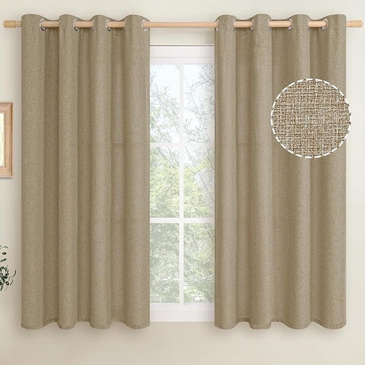 LAMIT Tan Brown Linen Curtains for Bedroom, 54 inches Grommet Thermal Insulated Thick Farmhouse Curtains Noise Reducing Window Treatment Burlap Drapes for Living Room, Set of 2 Panels, W52 x L54