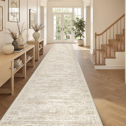 3x20 Washable Runner Rug for Hallway, Non-Slip Long Hallway Runner for Entryway, Soft Vintage Kitchen Mats for Floor, Abstract Dining Room, Bedroom, Living Room Rugs(3'x20', Beige/Ivory)
