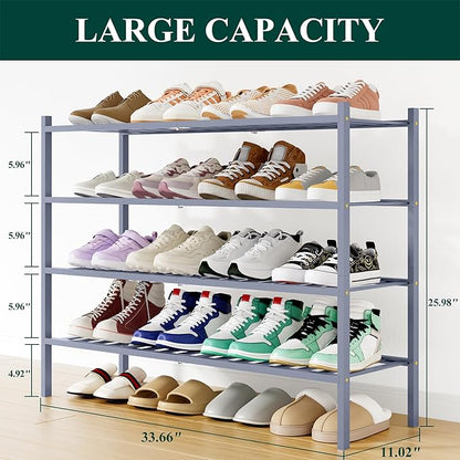 Smiry Shoe Rack, 4 Tier Long Bamboo Shoe Organizer, Stackable Free Standing Wooden Shoe Storage Shelf for Closet, Entryway, Front Door Entrance, Grey