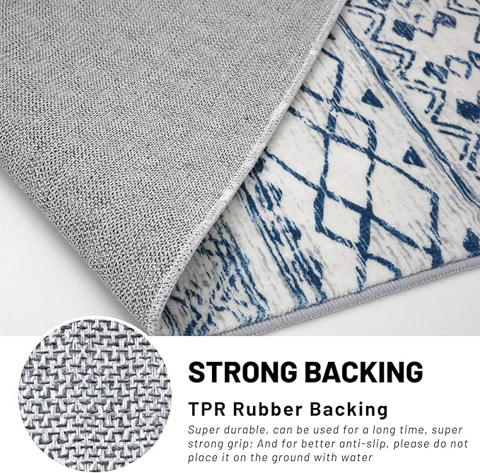 KUTA Area Rug 5x7, Moroccan Large Blue White Rugs Washable Boho Non-Slip, Ultra Soft Geometric Traditional Farmhouse Carpet for Living Room Dining Room Bedroom Dorm Office Home Décor