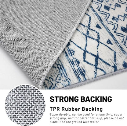 KUTA Moroccan Washable Runner Rug, 2x6 Non-Slip Vintage Blue White Boho Hallway Kitchen Rugs Ultra Soft Distressed Geometric Floor Carpet Runners for Bedroom Laundry Living Room
