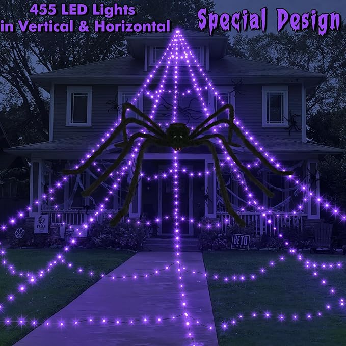 Spider Webs Halloween Decorations Outdoor 455 LED Halloween Spider Web Lights Decoration with 59" Large Spider & 3.53 oz Stretch Cobweb 11 Lighting Modes 16.4 Ft Light Up Giant Spider Web