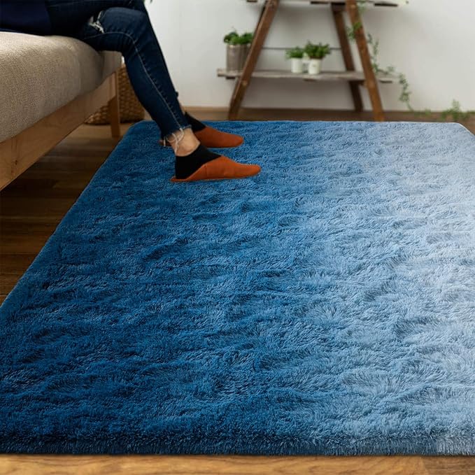DweIke Luxury Fluffy Kids Rugs for Living Room Bedroom, 6x9 Large Shaggy Gradient Navy Blue Area Rug for Girls Boys, Upgrade Plush Non-Slip and Washable Colorful Fuzzy Carpet for Dorm Nursery Decor