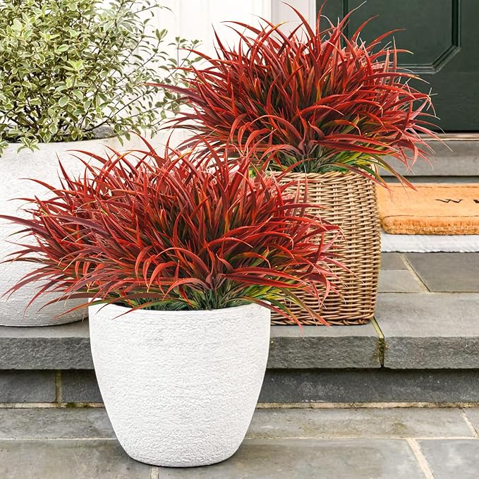 Uieke 12 Bundles Artificial Outdoor Plants UV Resistant Fake Grass Plants Faux Plastic Plants Greenery Shrubs for Home Garden Pathway Window Box Front Porch Cemetery Fall Decor, Autumn Red