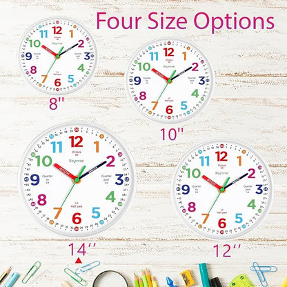 Roymnie14 Inch Wall Clock for Kids Learning to Tell Time Large Analog Silent Battery Operated Teaching Clock Silent Colorful Teaching Time Ideal Gift for Kids Room School(White Grain)