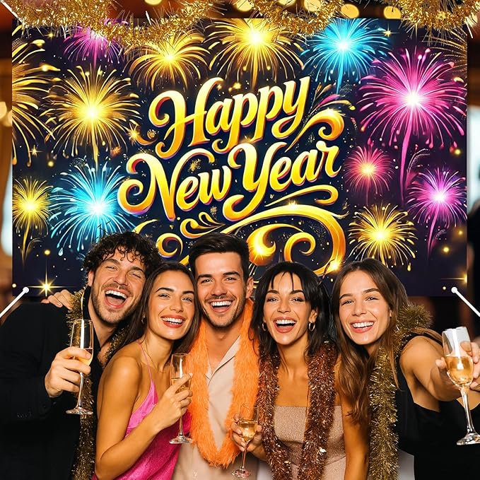 2026 Happy New Year Banner Fireworks Party Backdrop Gold Lettering New Year Eve Wall Decor Large Celebration Photo Background for Indoor Outdoor Holiday Events