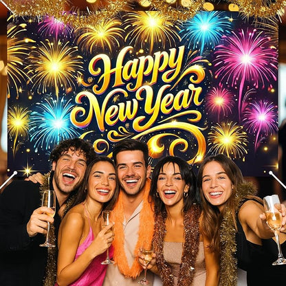 2026 Happy New Year Banner Fireworks Party Backdrop Gold Lettering New Year Eve Wall Decor Large Celebration Photo Background for Indoor Outdoor Holiday Events