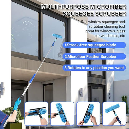 High Reach Cleaning Kit with 12FT Telescoping Pole - Ceiling Fan & Microfiber Feather Dusters, Cobweb Brush, Window Squeegee & Washer