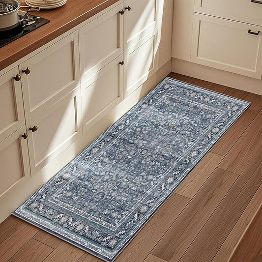 OPPODREAM Thin Vintage Blue 2x6 Runner Rug, 2 x 6 Retro Washable Rug Non Slip, Low-Pile Faux Wool Carpet, Distressed Navy Floor Mat for Kitchen, Hallway, Entry-Way, Entrance, Indoor Back Door