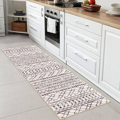 KUTA Moroccan Washable Hallway Runner Rug 2x6 Non-Slip Vintage Brown Cream Boho Runners Kitchen Rugs Ultra Soft Distressed Geometric Floor Carpet for Bedroom Laundry Living Room