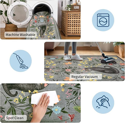 GarveeHome Cat Entryway Rug, 2x3 Mushroom Insect Grey Washable Front Door Rug Indoor Entrance Floral Carpet Non-Slip Low Pile Throw Rugs for Kitchen Floor, Powder Room, Entry, Bathroom, Kids Room