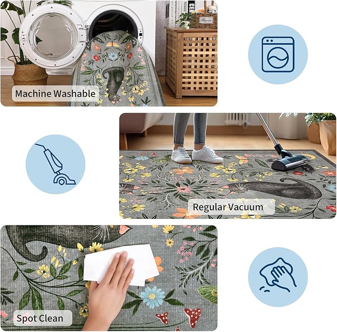 GarveeHome 5x7 Cat Area Rug Grey Washable Rugs for Living Room Bedroom, Soft Mushroom Floral Low Pile Non Slip Floor Mat Animal Print Throw Rug Indoor Carpet for Dorm Playroom Gothic Decor