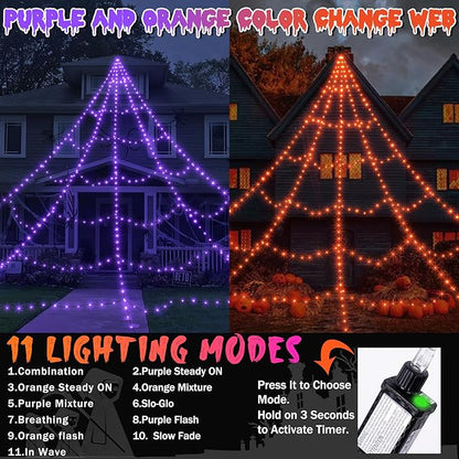 Spider Webs Halloween Decorations Outdoor 455 LED Halloween Spider Web Lights Decoration with 59" Large Spider & 3.53 oz Stretch Cobweb 11 Lighting Modes 16.4 Ft Light Up Giant Spider Web