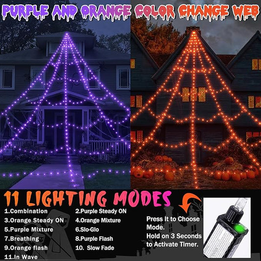 Spider Webs Halloween Decorations Outdoor 455 LED Halloween Spider Web Lights Decoration with 59" Large Spider & 3.53 oz Stretch Cobweb 11 Lighting Modes 16.4 Ft Light Up Giant Spider Web