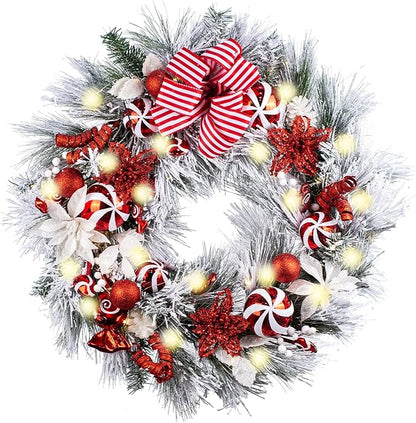 WANNA-CUL Pre-Lit 30 Inch Large Lighted Christmas Wreath for Front Door with 50 Led Lights, Red White Lighted Christmas Door Wreath Decor with Ball Ornaments, Candy Canes, Battery Operated