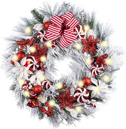 WANNA-CUL Pre-Lit 30 Inch Large Lighted Christmas Wreath for Front Door with 50 Led Lights, Red White Lighted Christmas Door Wreath Decor with Ball Ornaments, Candy Canes, Battery Operated