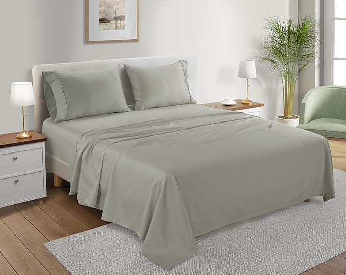 Deep Pocket Queen Sheets Set, Organic Cotton Sheets Queen Size Bed Set with Elasticated Fitted Sheet & Pillowcase Sets, Soft & Comfy 300 TC Sateen, No Pill & Shrink Luxury Bedding, Sage Green Sheet