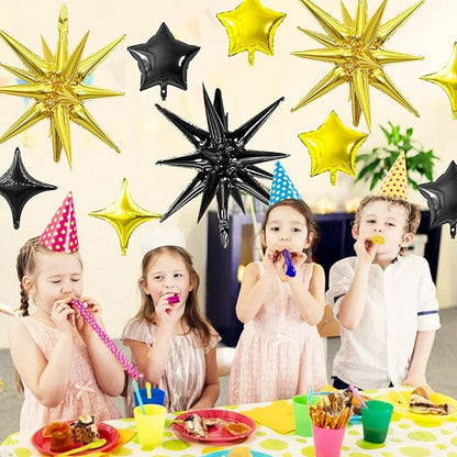 Black Gold Star Balloon,16Pcs Star Foil Balloons Set with 22Inch Explosion Spike Cone Balloons and 10Inch Quadrangle Helium Balloon for Birthday Wedding Baby Shower Party Decorations