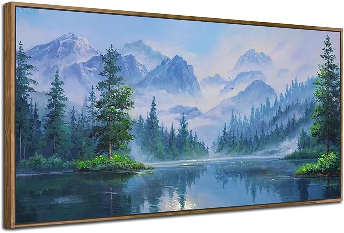 Ardemy Lake Canvas Wall Art for Living Room Large Framed Teal Landscape Pictures Bedroom Wall Decor Textured Misty Forest Scenery Paintings Artwork for Walls Home Office, 48"x24"
