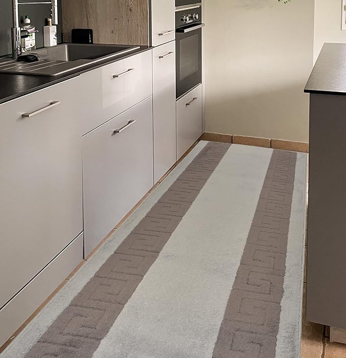 Washable Custom Size Runner Rug Meander Design Grey and Black, (18 Feet Length x 26 Inch Width) Custom Cut Slip Resistant Rubber Backing Runner Rugs, Extra Long Runner Rugs for Hallways