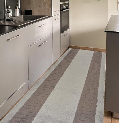 Washable Custom Size Runner Rug Meander Design Grey and Black, (15 Feet Length x 26 Inch Width) Custom Cut Slip Resistant Rubber Backing Runner Rugs, Extra Long Runner Rugs for Hallways