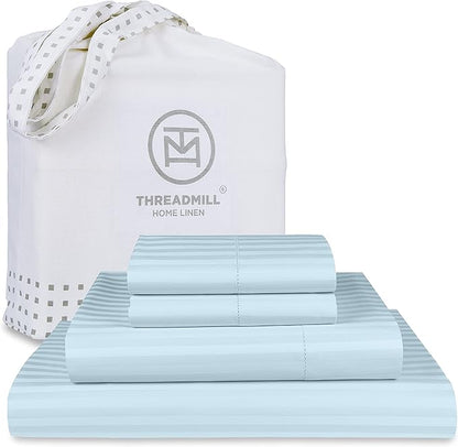 Threadmill 100% Cotton Sheets for Full Size Bed - 600 Thread Count Full Bed Sheets Set with 16” Deep Pocket - Damask Stripe Sateen Weave 4-Piece Bedding Set with Cooling Effect, Blue