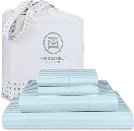 Threadmill 100% Cotton Sheets for Full Size Bed - 600 Thread Count Full Bed Sheets Set with 16” Deep Pocket - Damask Stripe Sateen Weave 4-Piece Bedding Set with Cooling Effect, Blue