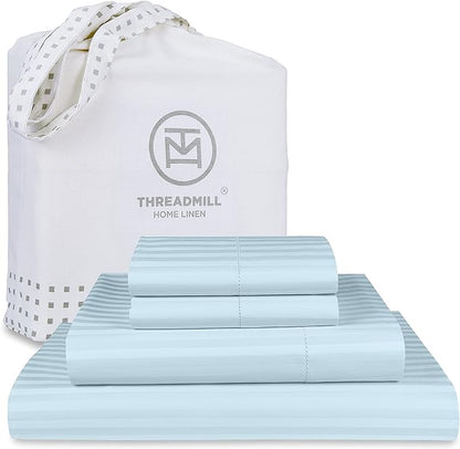 Threadmill 100% Cotton Sheets for King Size Bed - 600 Thread Count King Bed Sheets Set with 16” Deep Pocket - Damask Stripe Sateen Weave 4-Piece Bedding Set with Cooling Effect, Blue