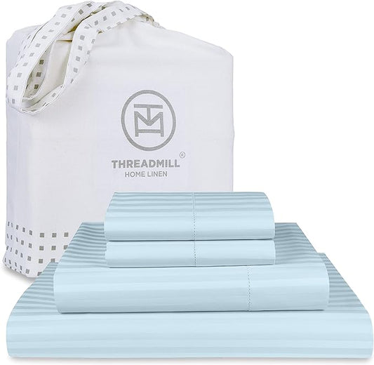 Threadmill 100% Cotton Sheets for Cal King Size Bed - 600 Thread Count Cal King Bed Sheets Set with 16” Deep Pocket - Damask Stripe Sateen Weave 4-Piece Bedding Set with Cooling Effect, Blue