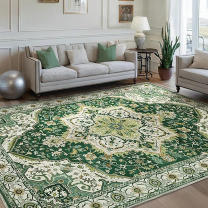 Area Rugs for Living Room 6x9 - Machine Washable Vintage Oriental Soft Rug, Low Pile Thin Floor Carpet with Non Slip Backing for Bedroom, Dorm, Under Dining Room Table, Indoor House, Office Decor