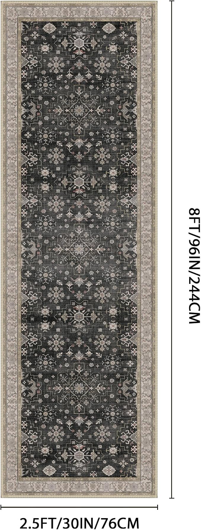 GENIMO 2'5x8 Runner Rug,Machine Washable Non-Slip Vintage Rugs,Low Pile Lightweight Carpet for Bedroom,Hallway,Entryway,Kitchen,Bathroom,Black
