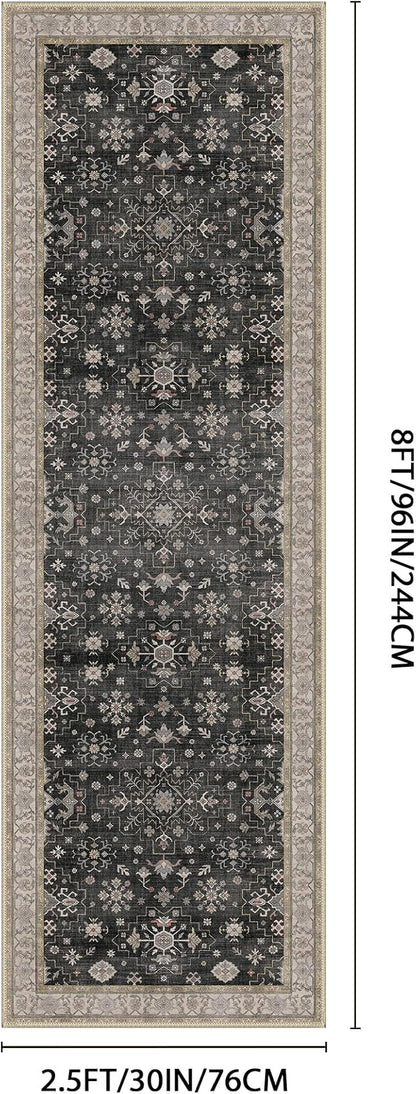 GENIMO 2'5x8 Runner Rug,Machine Washable Non-Slip Vintage Rugs,Low Pile Lightweight Carpet for Bedroom,Hallway,Entryway,Kitchen,Bathroom,Black