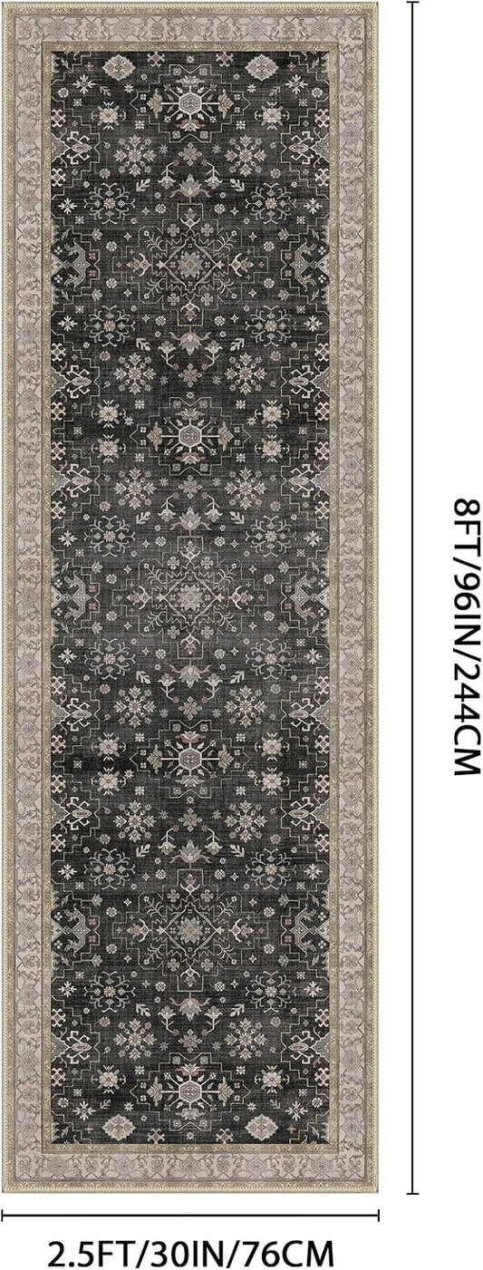 GENIMO 2'5x8 Runner Rug,Machine Washable Non-Slip Vintage Rugs,Low Pile Lightweight Carpet for Bedroom,Hallway,Entryway,Kitchen,Bathroom,Black