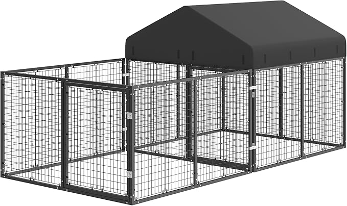 Dog Kennel with Dog Fence for Medium/Small Dogs Anti-Rust Coating Cage with Roof All Weather Resistant Dog House with Double Locks