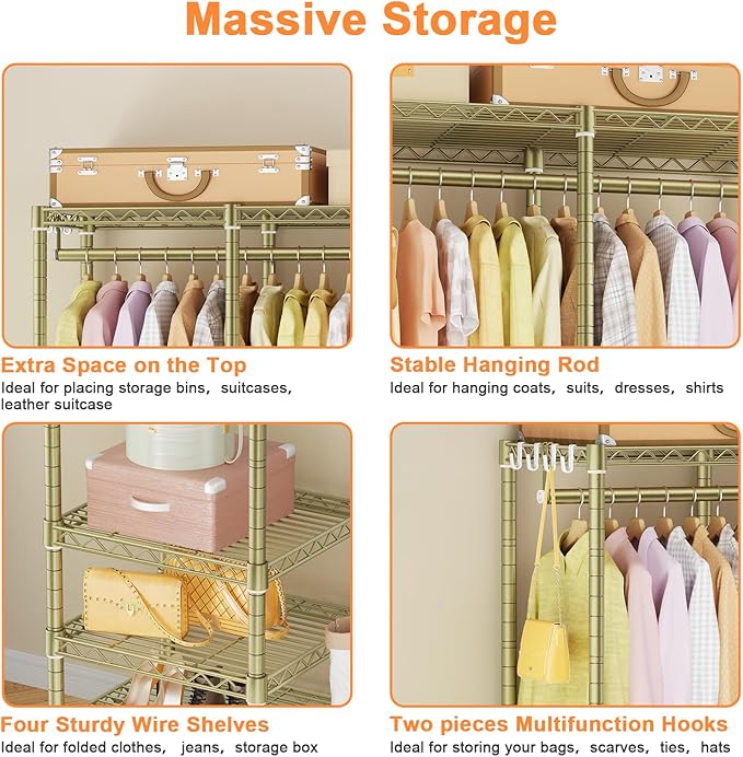 Ulif F4 Heavy Duty Clothes Rack (With Hanger Rod) Freestanding Clothing Racks for Hanging Clothes，Adjustable Closet Organizer System, Portable Garment Rack 45"W x 15.8"D x 71.3"H,Max Load 600LBS, Gold