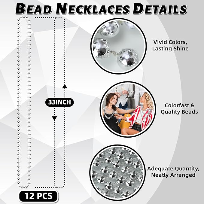 12 PCS Silver Bead Necklaces, Silver Mardi Gras Christmas Beads Necklaces, Patriotic Necklaces, 33 Inch Beaded Necklaces for Mardi Gras Christmas Party, 4th of July and New Year Eve Festive Events