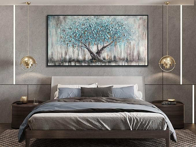 Arjun Framed Blue Tree Extra Large Canvas Wall Art for Living Room Tree of Life Abstract Bedroom Textured Painting, Nature Picture Panoramic Landscape Artwork Home Office Decor, Black Wood 58"x29"