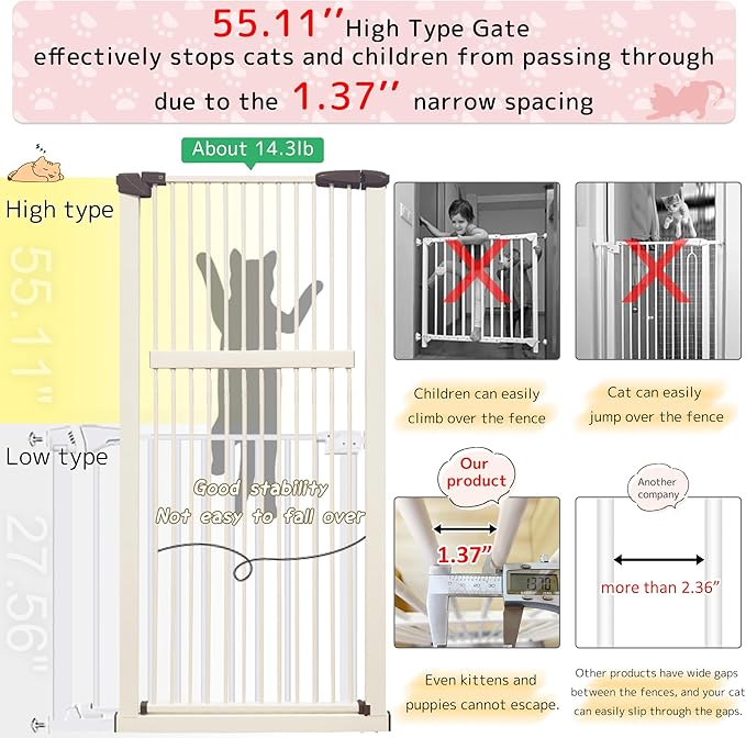 Lumizone Extra Tall Pet Gate 55.12" High Pressure Mounted 55.12"-59.24" Extra Wide (9 Sizes) 1.37" Gap for Cat Dog Stairs Doorway Hallway No Drilling Auto-Close (55.12"-59.24" W, Cream White)