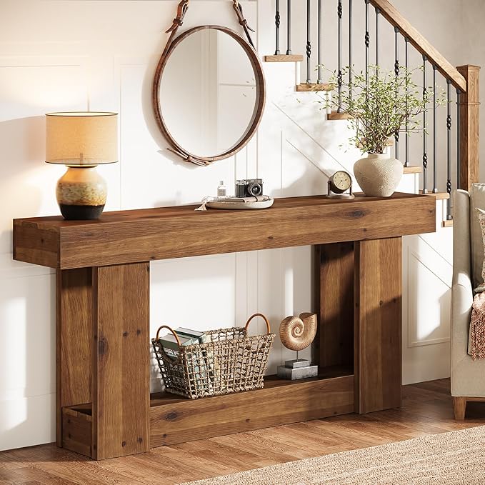63-Inch Entryway Table, Farmhouse Solid Wood Console Table with U-Shaped Base, 2-Tier Narrow Long Sofa Table Behind The Couch for Living Room, Hallway, Foyer, Entrance, Rustic Brown