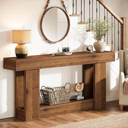 63-Inch Entryway Table, Farmhouse Solid Wood Console Table with U-Shaped Base, 2-Tier Narrow Long Sofa Table Behind The Couch for Living Room, Hallway, Foyer, Entrance, Rustic Brown