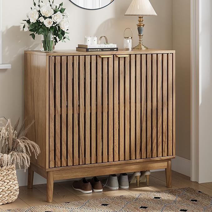 Shoe Storage Cabinet with Ventilated Slatted Doors, Wooden Shoe Organizer, Shoes Rack for Entryway, Hallway, Living Room