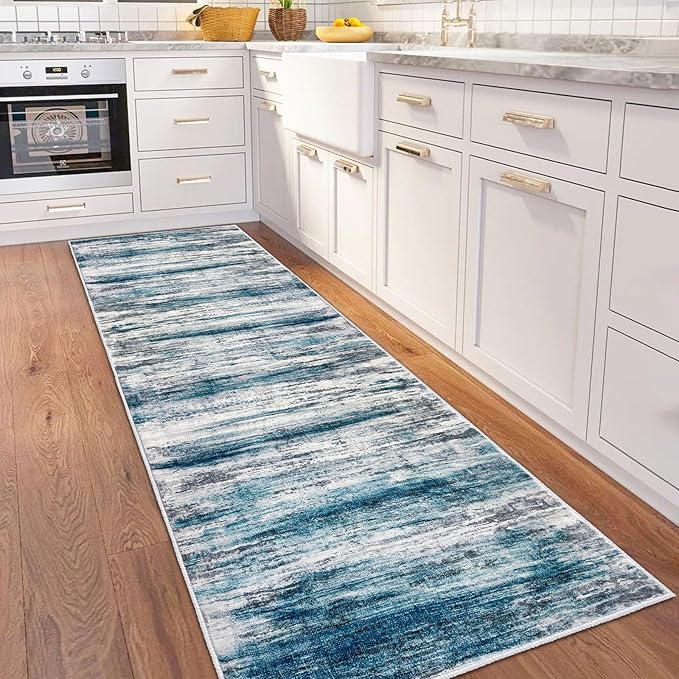 KOZYFLY 3x8 Area Rug Modern Ombre Area Rug for Bedroom, Washable Rug Non-Slip Soft Striped Living Room Rug, Print Blue Abstract Carpet for Laundry Nursery