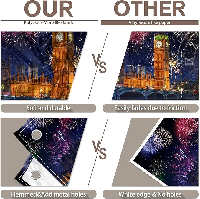 7x5ft Fabric New Year Fireworks Backdrop London City Night Scenery Countdown Clock Photography Background Family Holiday Party Decorations Photo Banner Props